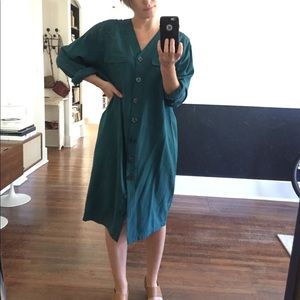 Vintage Teal Silk Button Up Vneck Dress